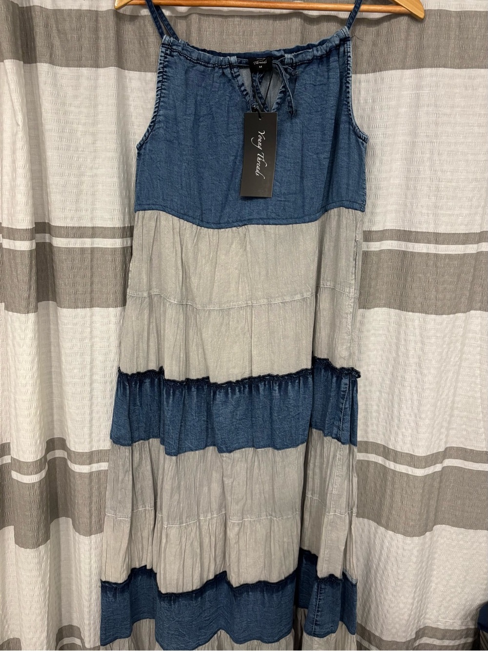 Young Threads Boho Tiered Maxi Dress — Blue & Cream Patchwork - Picture 2 of 3